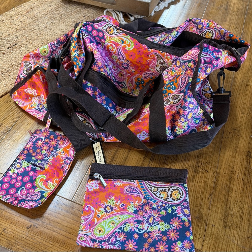 NWT In Stitches duffel weekender travel carry on set 3 PCs boho lightweight bags